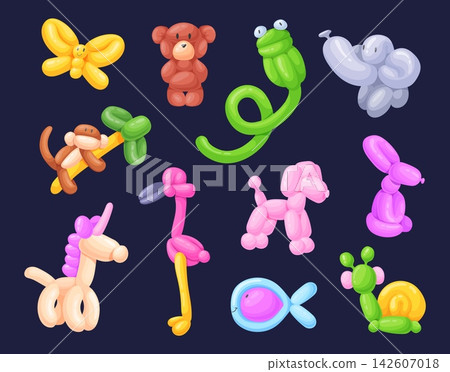Balloon sculptures. Balloons animal figure, long Inflatable abstract shape, pet child toy cute animals fish snake unicorn horse birthday party cartoon y2k neat vector illustration Balloon sculptures. Balloons animal figure, long Inflatable abstract shape, pet child toy cute animals fish snake unicorn horse birthday party cartoon y2k neat vector illustration 142607018