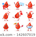 Blood drop characters. Cute funny red droplet, blood donation donor mascot happy emotion cartoon character expression love heart medical set icon design neat vector illustration 142607019