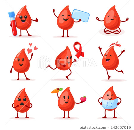 Blood drop characters. Cute funny red droplet, blood donation donor mascot happy emotion cartoon character expression love heart medical set icon design neat vector illustration Blood drop characters. Cute funny red droplet, blood donation donor mascot happy emotion cartoon character expression love heart medical set icon design neat vector illustration 142607019