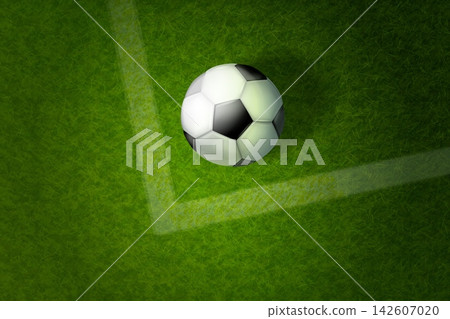 Realistic soccer ball field. 3d soccer ball on football field top view, penalty kick pitch grass stadium line background ground texture sport play banner exact vector illustration Realistic soccer ball field. 3d soccer ball on football field top view, penalty kick pitch grass stadium line background ground texture sport play banner exact vector illustration 142607020