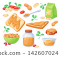 Peanut butter. Cartoon peanuts paste in glass jar, nut bowl spoon groundnut spread chocolate sandwich breakfast snack healthy natural protein food neat vector illustration 142607024