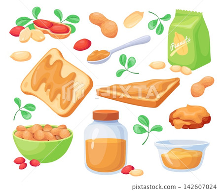 Peanut butter. Cartoon peanuts paste in glass jar, nut bowl spoon groundnut spread chocolate sandwich breakfast snack healthy natural protein food neat vector illustration Peanut butter. Cartoon peanuts paste in glass jar, nut bowl spoon groundnut spread chocolate sandwich breakfast snack healthy natural protein food neat vector illustration 142607024