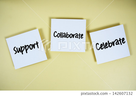 Support, Collaborate, Celebrate message on paper note flat lay on yellow background 142607132