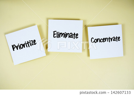 Prioritize, Eliminate, Concentrate message on paper note flat lay on yellow background Prioritize, Eliminate, Concentrate message on paper note flat lay on yellow background 142607133