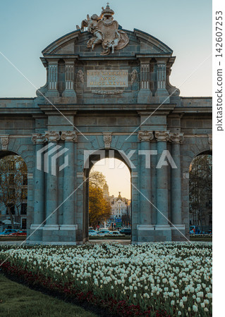 View through Puerta de Alcala arch toward Metropolis View through Puerta de Alcala arch toward Metropolis 142607253