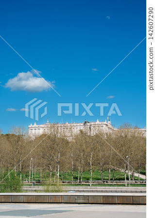 Royal Palace of Madrid rising above spring park trees under a blue sky with the moon Royal Palace of Madrid rising above spring park trees under a blue sky with the moon 142607290