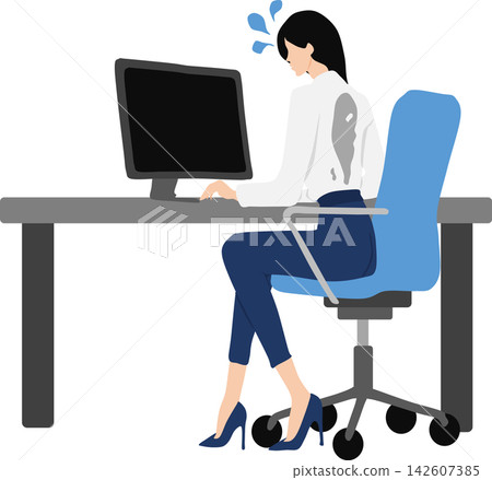 一幅描繪一位背上滿是汗水的女商人的插圖。 142607385