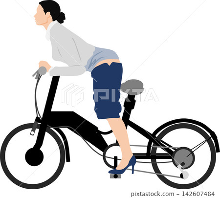 一幅插畫描繪了一位女商人騎自行車時裙子脫落的情景。 142607484
