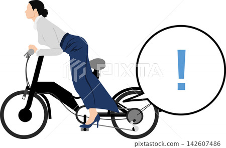 一幅插圖,描繪了一位女商人的長裙被自行車輪捲住的情景。 一幅插圖,描繪了一位女商人的長裙被自行車輪捲住的情景。 142607486