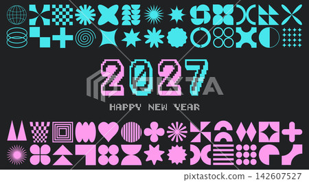 Happy New Year 2027 poster with retro pixel typography and geometric shapes element Happy New Year 2027 poster with retro pixel typography and geometric shapes element 142607527