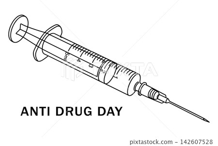 Continuous line drawing of a medical syringe isolated on white background anti drug day concept Continuous line drawing of a medical syringe isolated on white background anti drug day concept 142607528