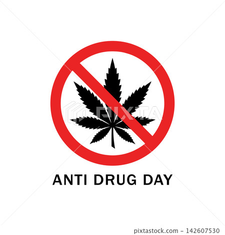 Anti drug day symbol with a cannabis leaf inside a red prohibition sign isolated on white background Anti drug day symbol with a cannabis leaf inside a red prohibition sign isolated on white background 142607530
