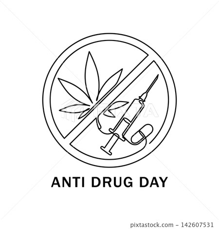 Anti drug day line art illustration featuring a syringe and cannabis leaf inside a prohibition circle 142607531