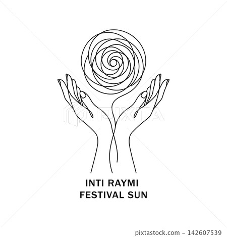 Inti raymi festival sun symbol, line art illustration of hands holding a sun, isolated on white background Inti raymi festival sun symbol, line art illustration of hands holding a sun, isolated on white background 142607539