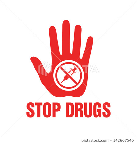 Stop drugs sign, red hand icon with a prohibited syringe symbol, isolated on white background Stop drugs sign, red hand icon with a prohibited syringe symbol, isolated on white background 142607540