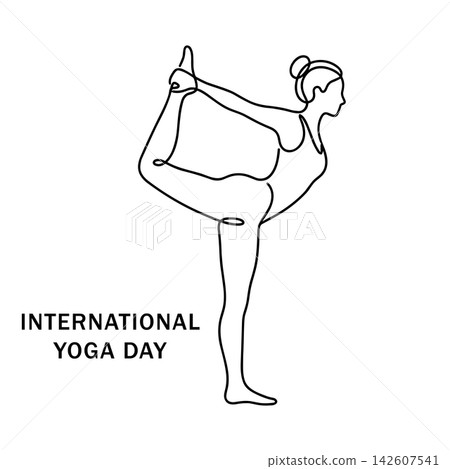 International yoga day, continuous line art drawing of a woman in a yoga pose, isolated on white background International yoga day, continuous line art drawing of a woman in a yoga pose, isolated on white background 142607541