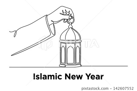 Islamic new year continuous line drawing of a hand holding a traditional lantern isolated on white background Islamic new year continuous line drawing of a hand holding a traditional lantern isolated on white background 142607552
