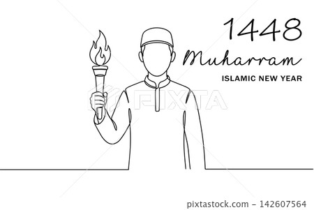 Continuous line drawing of a muslim man in traditional attire holding a torch, celebrating 1448 muharram islamic new year, isolated on white background Continuous line drawing of a muslim man in traditional attire holding a torch, celebrating 1448 muharram islamic new year, isolated on white background 142607564
