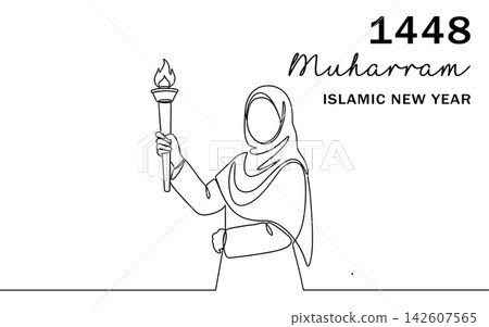 Continuous line drawing of a muslim woman wearing a hijab and holding a torch, celebrating 1448 muharram islamic new year, isolated on white background 142607565