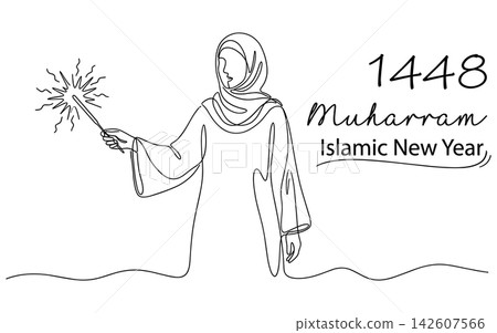 Continuous line drawing of a woman in hijab holding a sparkler, celebrating 1448 muharram islamic new year, minimalist design isolated on white background Continuous line drawing of a woman in hijab holding a sparkler, celebrating 1448 muharram islamic new year, minimalist design isolated on white background 142607566