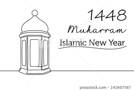 Continuous line drawing of a traditional lantern for 1448 muharram islamic new year celebration, minimalist design isolated on white background 142607567