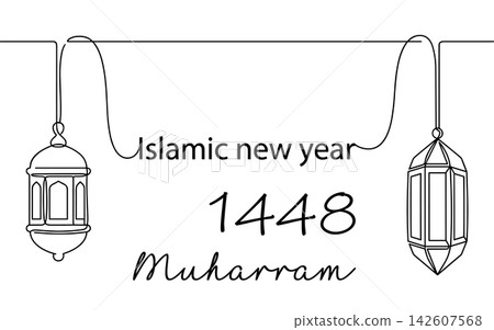 Continuous line drawing of two hanging lanterns for 1448 muharram islamic new year celebration, minimalist design isolated on white background Continuous line drawing of two hanging lanterns for 1448 muharram islamic new year celebration, minimalist design isolated on white background 142607568