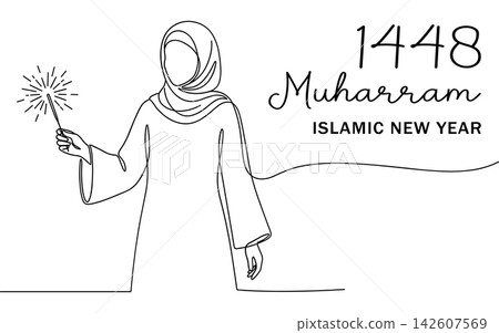Continuous line drawing of a woman in hijab holding a sparkler, celebrating 1448 muharram islamic new year, minimalist vector illustration isolated on white background Continuous line drawing of a woman in hijab holding a sparkler, celebrating 1448 muharram islamic new year, minimalist vector illustration isolated on white background 142607569