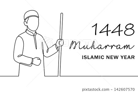 Continuous line drawing of a man in a kufi cap holding a staff, celebrating 1448 muharram islamic new year, minimalist vector illustration isolated on white background Continuous line drawing of a man in a kufi cap holding a staff, celebrating 1448 muharram islamic new year, minimalist vector illustration isolated on white background 142607570