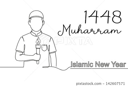Continuous line drawing of a man in a kufi cap holding a torch, celebrating 1448 muharram islamic new year, minimalist vector illustration isolated on white background Continuous line drawing of a man in a kufi cap holding a torch, celebrating 1448 muharram islamic new year, minimalist vector illustration isolated on white background 142607571