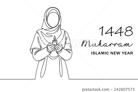 Continuous line drawing of a woman in hijab holding a candle, celebrating 1448 muharram islamic new year, isolated on white background Continuous line drawing of a woman in hijab holding a candle, celebrating 1448 muharram islamic new year, isolated on white background 142607573