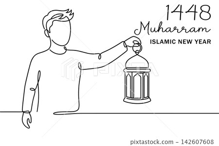 Continuous line drawing of a man holding a traditional lantern for islamic new year 1448 muharram celebration isolated on white background Continuous line drawing of a man holding a traditional lantern for islamic new year 1448 muharram celebration isolated on white background 142607608