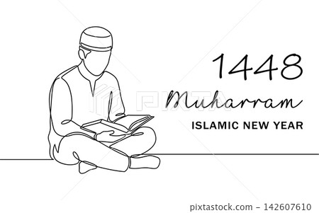 Continuous line drawing of a muslim man reading the quran, islamic new year 1448 muharram greeting card design, isolated on white background Continuous line drawing of a muslim man reading the quran, islamic new year 1448 muharram greeting card design, isolated on white background 142607610