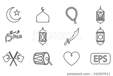 Set of islamic icons and symbols for muharram and ramadan, including mosque, lantern, prayer beads, sword, and crescent moon, vector illustration 142607611