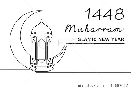Continuous line drawing of a traditional islamic lantern with a crescent moon, 1448 muharram islamic new year greeting card, isolated on white background 142607612
