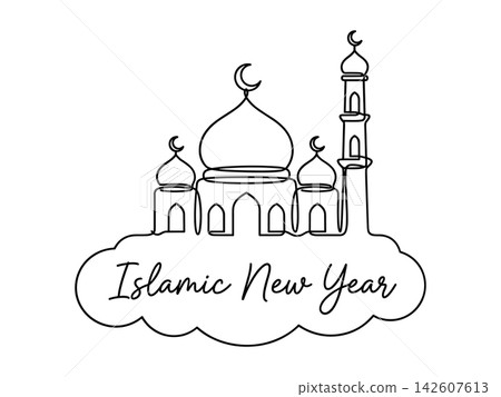 Islamic new year continuous line drawing with mosque illustration isolated on white background Islamic new year continuous line drawing with mosque illustration isolated on white background 142607613