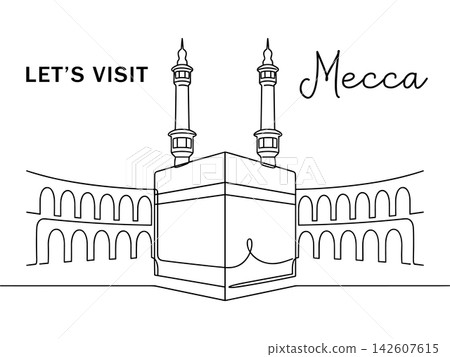 Lets visit mecca continuous line drawing with kaaba illustration isolated on white background Lets visit mecca continuous line drawing with kaaba illustration isolated on white background 142607615