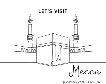 Continuous line drawing of the kaaba in mecca, saudi arabia, with minarets and architectural details, isolated on white background Continuous line drawing of the kaaba in mecca, saudi arabia, with minarets and architectural details, isolated on white background 142607616
