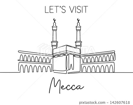 Continuous line drawing of the kaaba in mecca with minarets, elegant calligraphy style, isolated on white background Continuous line drawing of the kaaba in mecca with minarets, elegant calligraphy style, isolated on white background 142607618