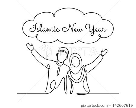 Continuous line drawing of a happy muslim couple celebrating islamic new year, isolated on white background Continuous line drawing of a happy muslim couple celebrating islamic new year, isolated on white background 142607619