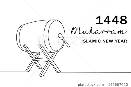 Continuous line drawing of a bedug drum for 1448 muharram islamic new year, isolated on white background Continuous line drawing of a bedug drum for 1448 muharram islamic new year, isolated on white background 142607620