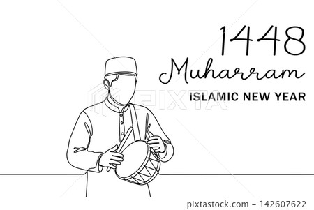 Continuous line drawing of a man playing a traditional drum for 1448 muharram islamic new year celebration isolated on white background Continuous line drawing of a man playing a traditional drum for 1448 muharram islamic new year celebration isolated on white background 142607622