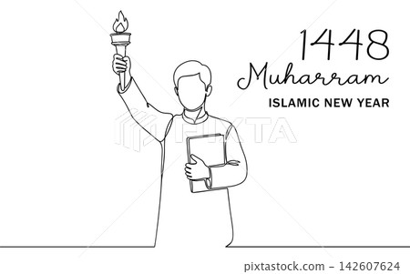 Continuous line drawing of a man holding a torch and book for 1448 muharram islamic new year celebration isolated on white background Continuous line drawing of a man holding a torch and book for 1448 muharram islamic new year celebration isolated on white background 142607624