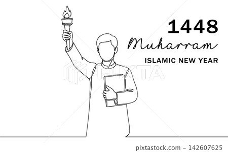 Continuous line drawing of a man holding a torch and a book, representing islamic new year 1448, isolated on white background 142607625