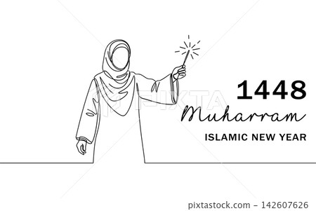 Continuous line drawing of a woman in hijab holding a sparkler, celebrating islamic new year 1448, isolated on white background Continuous line drawing of a woman in hijab holding a sparkler, celebrating islamic new year 1448, isolated on white background 142607626
