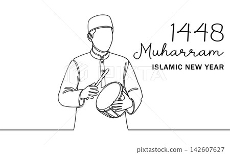 Continuous line drawing of a man playing a traditional drum, celebrating islamic new year 1448, isolated on white background Continuous line drawing of a man playing a traditional drum, celebrating islamic new year 1448, isolated on white background 142607627