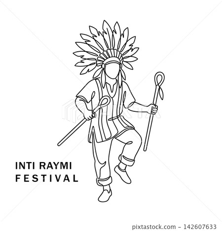 Inti raymi festival dancer in traditional costume, continuous line art drawing of an indigenous person with feathers and staffs Inti raymi festival dancer in traditional costume, continuous line art drawing of an indigenous person with feathers and staffs 142607633