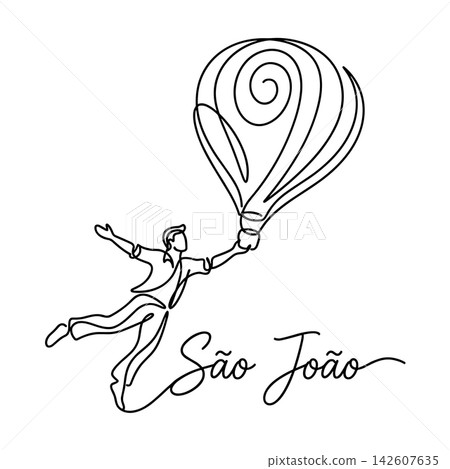 Continuous line drawing of a person reaching for a hot air balloon with sao joao festival lettering isolated on white background Continuous line drawing of a person reaching for a hot air balloon with sao joao festival lettering isolated on white background 142607635