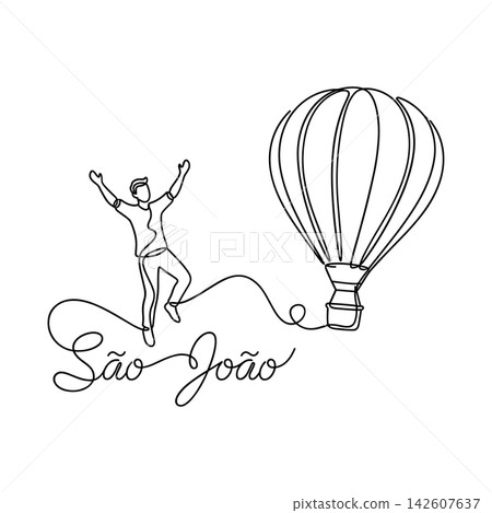 Continuous line drawing of a happy person jumping with a hot air balloon and sao joao lettering isolated on white background Continuous line drawing of a happy person jumping with a hot air balloon and sao joao lettering isolated on white background 142607637