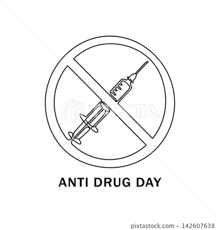 Continuous line drawing of a syringe inside a prohibition sign, concept for anti drug day, isolated on white background Continuous line drawing of a syringe inside a prohibition sign, concept for anti drug day, isolated on white background 142607638