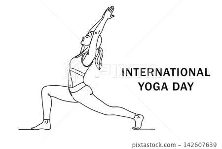 Continuous line drawing of a woman performing a yoga pose, stretching with arms raised, international yoga day, isolated on white background 142607639